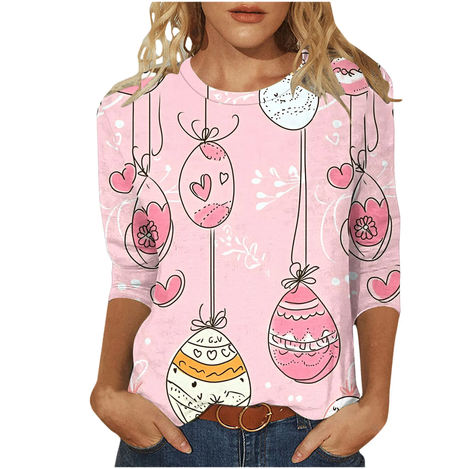 Women's Easter 3D Digital Printing Crew Neck 3/4 Sleeve T-Shirt Loose Top