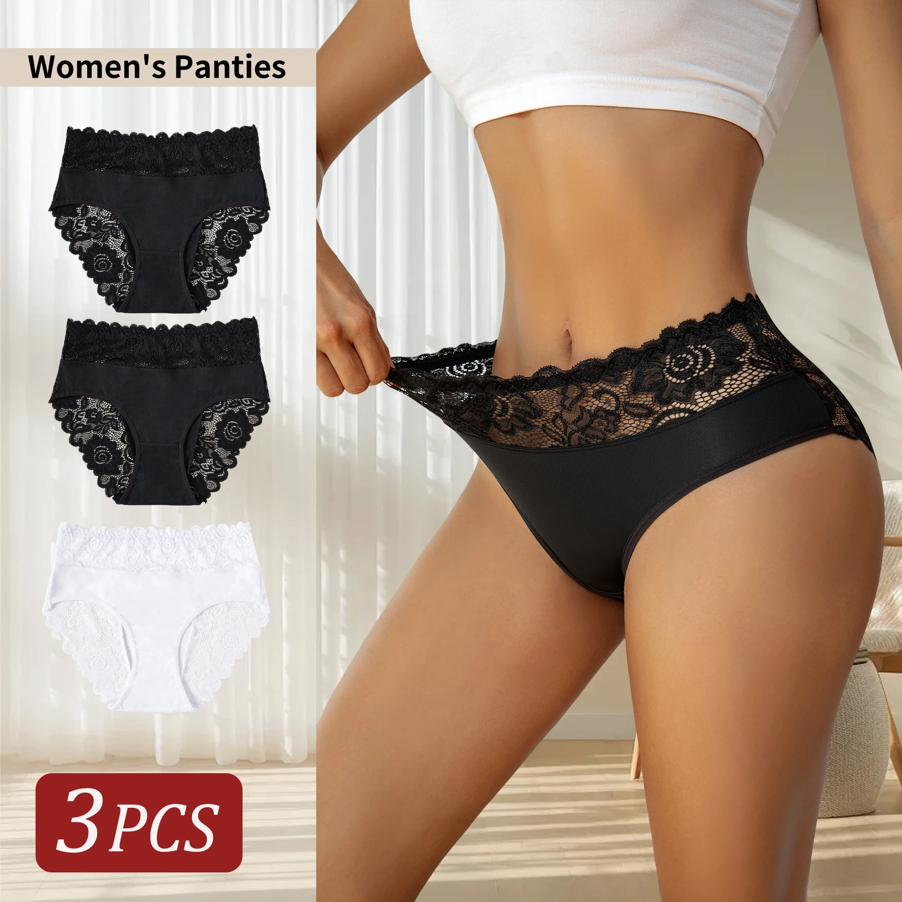 3PCS Neue Klassische Schwarz Weiß frauen Unterwäsche Hohe Taille Einfarbig Höschen Hohl Spitze Floral Design Sexy Slip dessous