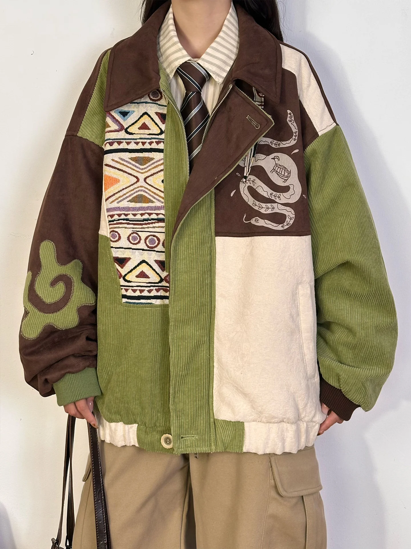 

Женское зимнее пальто из хлопка Thiened с воротником в стиле пэчворк, вельвет контрастного цвета, американский ретро Sle Street Faion