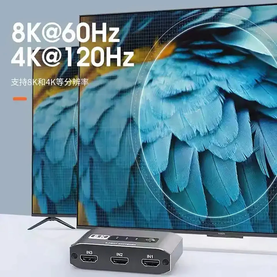 8k przełącznik HDMI 2.1 3x1 Adapter do przełącznika HDMI 2.1 Splitter 8K @ 60Hz 4K @ 120Hz kompatybilny 3 in1 out HDR 48Gbps dla PS4 PS5 HDTV Xbox