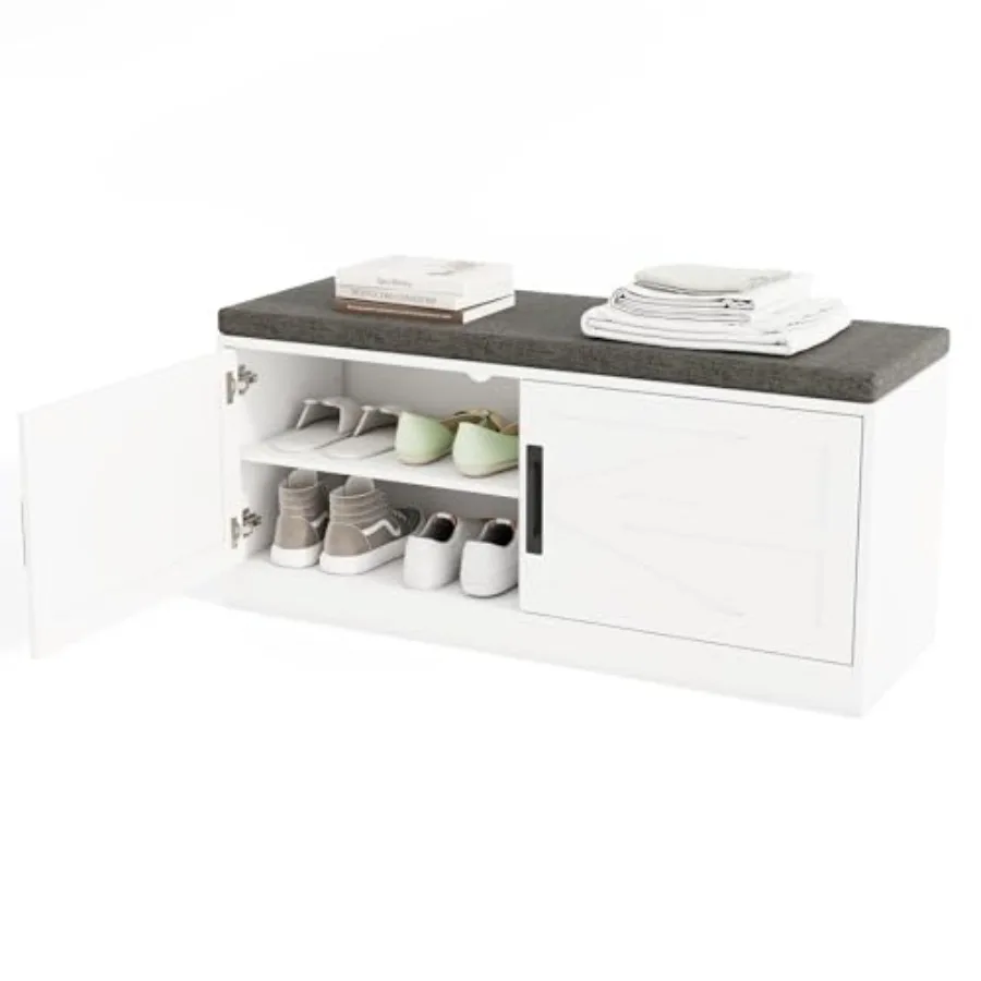 

Shoe Storage Bench with Cushion Farmhouse Shoe Bench with Padded Seat Cushion Entryway Bench with Barn Doors 2 Adjustable Remov