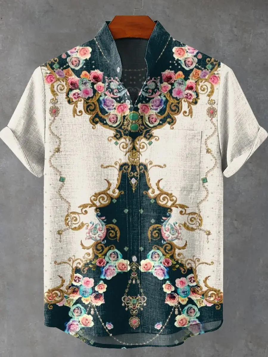 Retro Tribal Totem Pattern Printing Men's Linen Moslim Kleding Heren Fabric Short-sleeved Shirt Casual Street Trend Casual Shirt