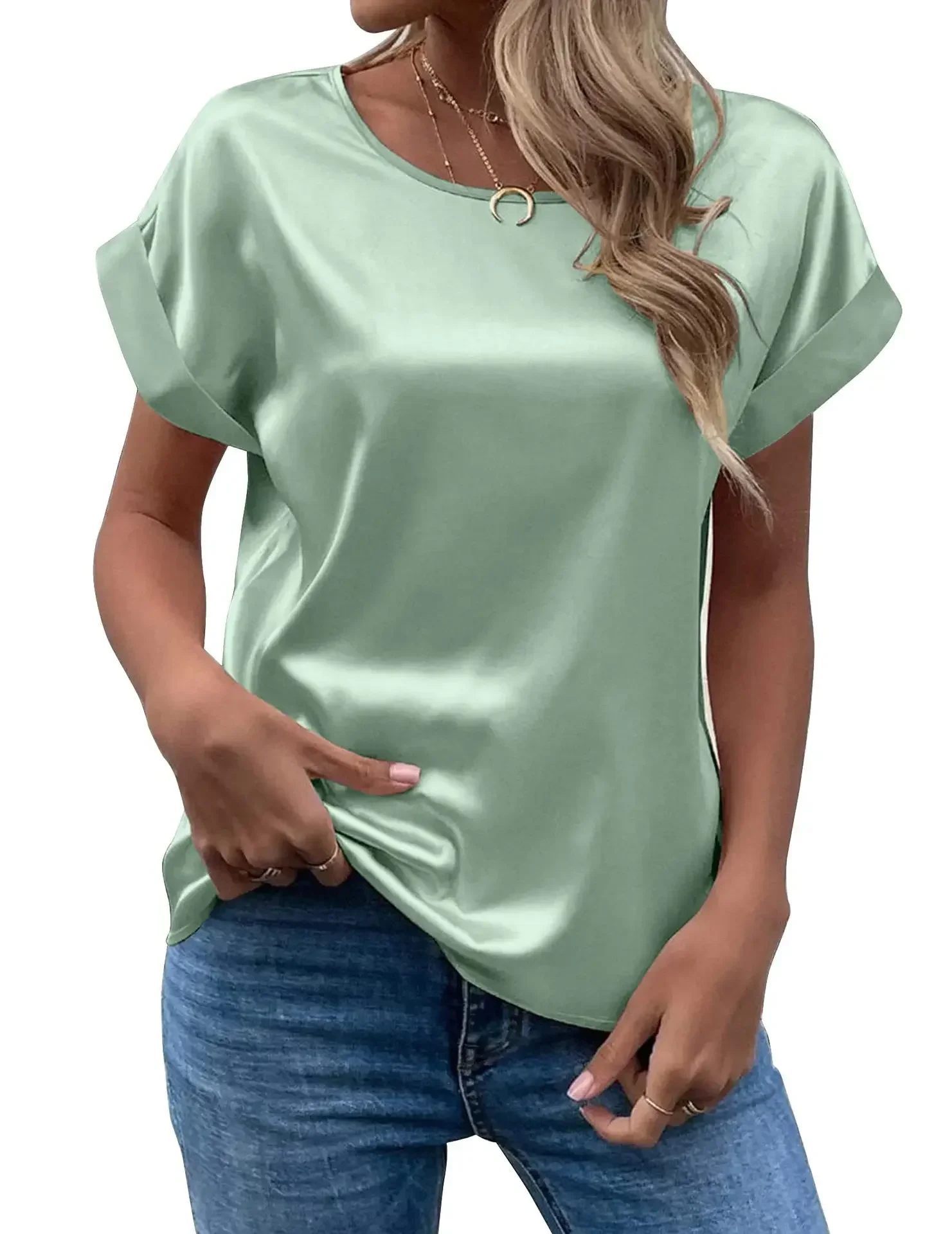 Summer New Women Short Sleeve Satin Shirt Loose Casual Round Neck Color Female T-shirt