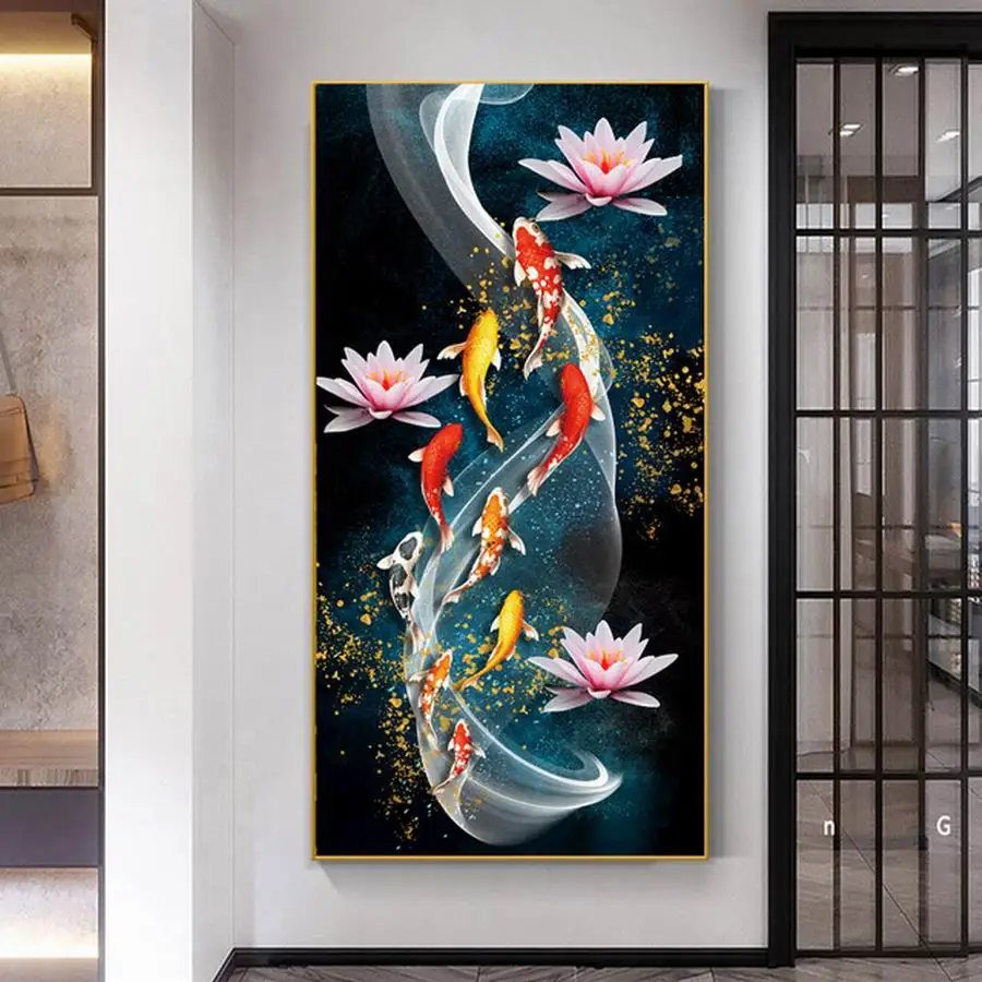 Fullcang Diy Large Size Diamond Painting Abstract Koi Fish Feng Shui Carp Lotus Pond Full Mosaic Embroidery Picture Wall Decor