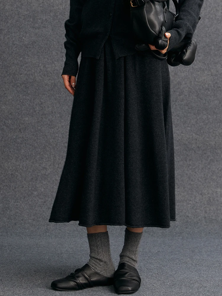 

New Women's 100% Pure Cashmere Knitted Full Skirt Autumn Winter High Waisted Mid-calf Ankle-Length Soild Dress Versatile Elegant