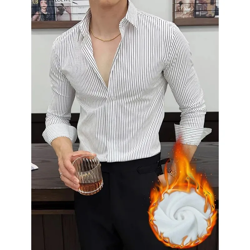 Striped Season Men's Shirt Plus Velvet Korean Style Trendy Slim Warm Casual Cardigan No-iron Long-sleeved Business Top XJ180