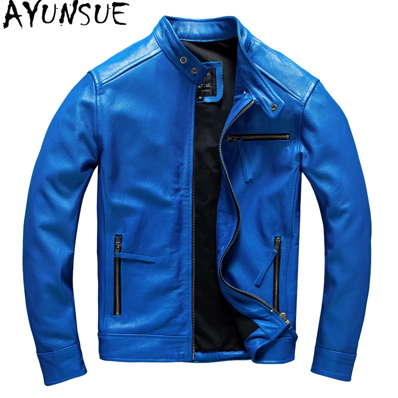 

AYUNSUE Cowhide Mens Leather Jacket Autumn Men Clothing Fashion Motorcycle Jackets Handsome Standing Style Veste Cuire Homme