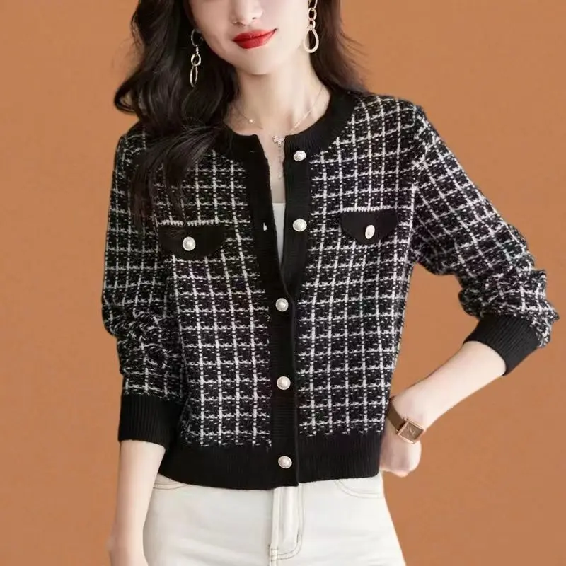 Women Korean Style Plaid Beaded Chic Elegant Single Breasted Sweater Cardigan Autumn Winter Trendy Y2K Long Sleeve Knitted Coats