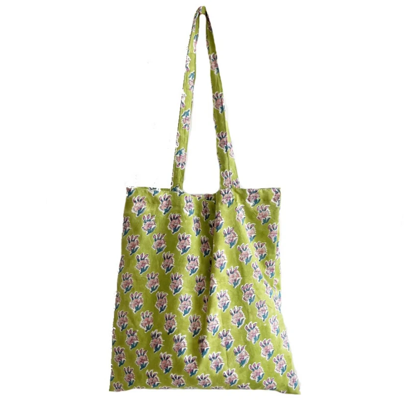 Nuevo Bolso de Hombro de Algodón Verde Mostaza con Estampado Tradicional Indio para Mujer, Bolso Tote Ecológico, Bolso de Mano Minimalista de Lona Delgada