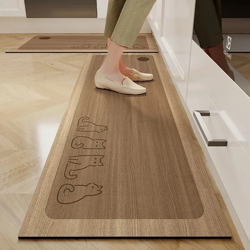 Kitchen Floor Mat Wood Grain Cartoon Pattern Carpet Anti-slip Oil-proof Rug Pvc Leather Waterproof Foot Mats Long Strip Carpets