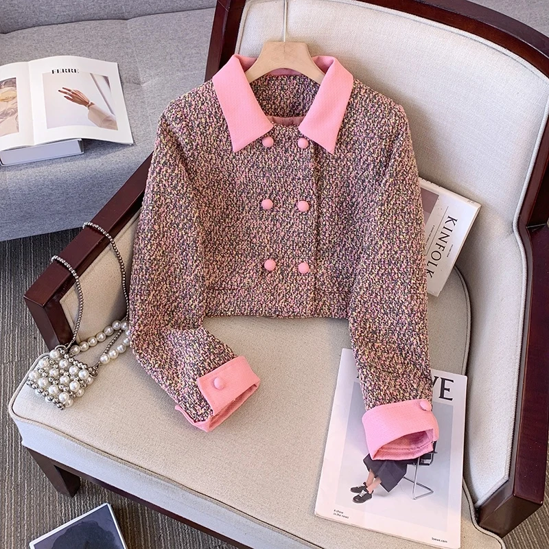 2024 Pink Autumn/Winter Trendy Sweet Lapel Youthful Classic Style Tweed Two-Piece Suit for Women Female Office Lady High Quality