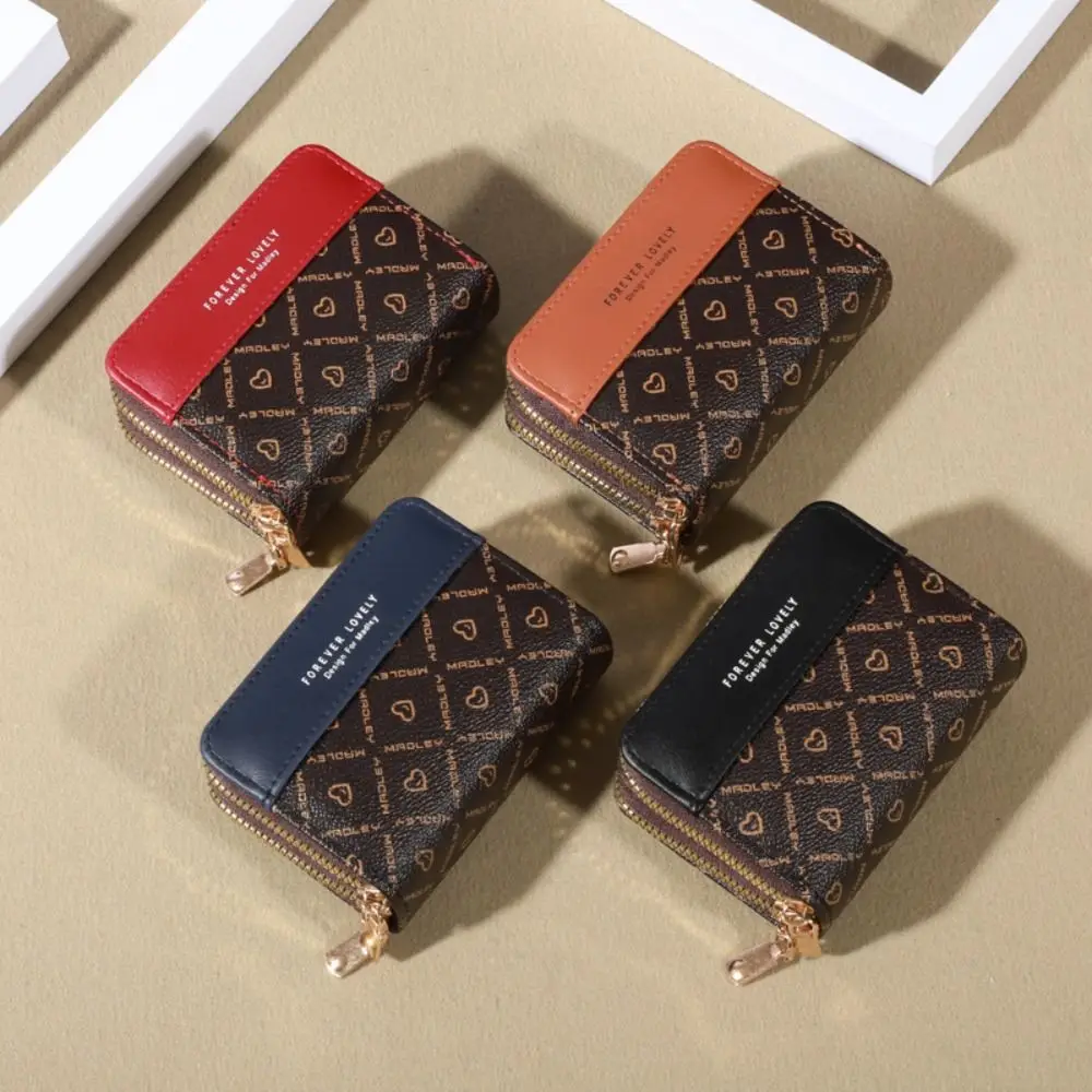

Temperament Color Block Short Wallets Leather Card Bag Women Clutch Bag Double Zipper Multifunctional Change Bag Outdoor