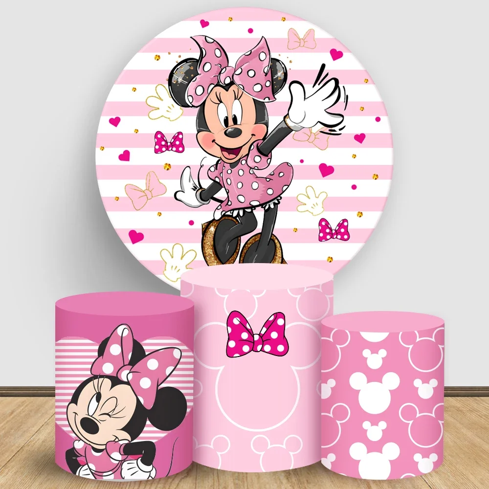 Minnie Mouse Round Backdrop Pink Cartoon Girl Cake Table Cylinder Cover Custom Birthday Party Decoration Baby Shower Photography