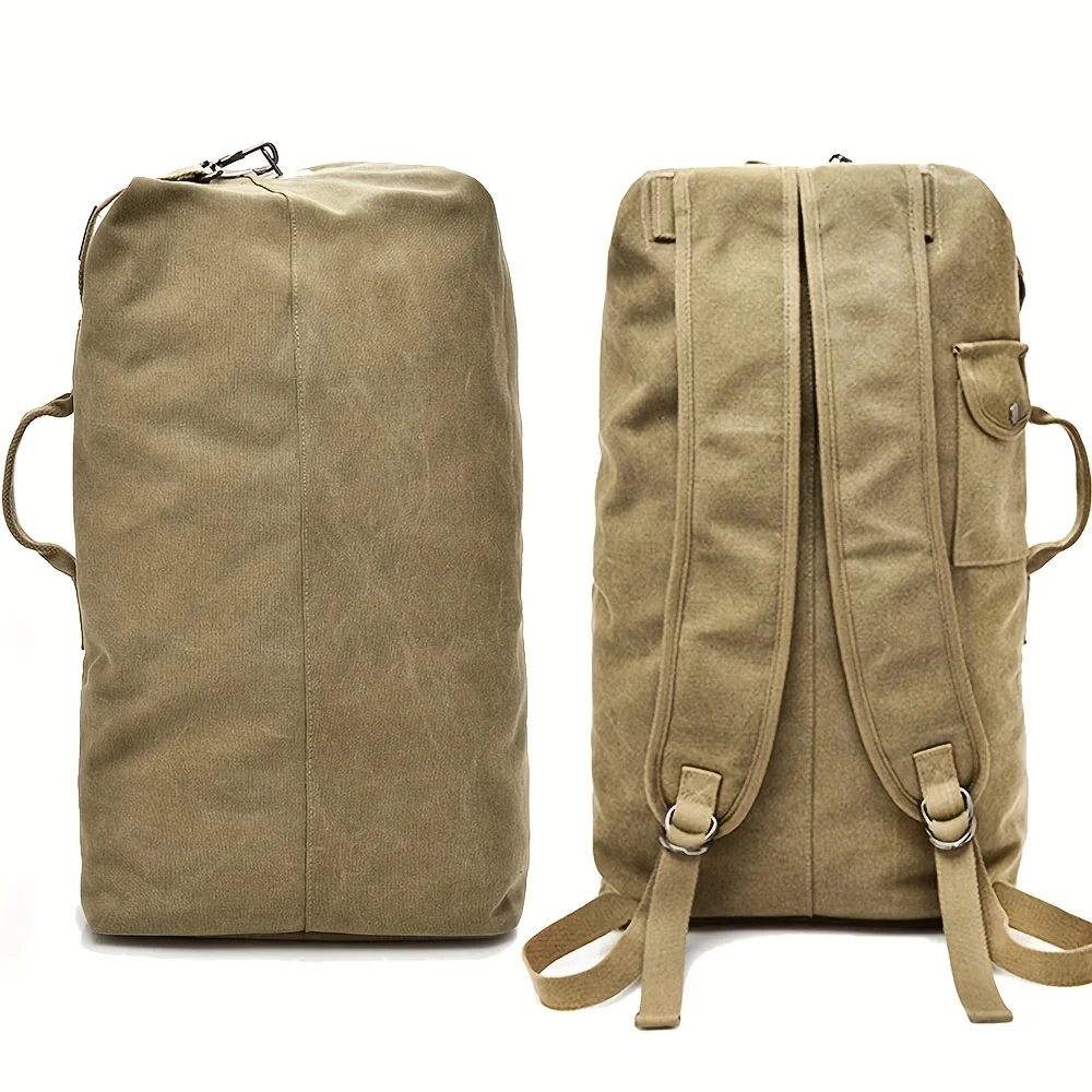 Large Capacity Khaki Canvas Backpack for Men - Adjustable, Lightweight, Foldable Travel， Durable Polyester Lining