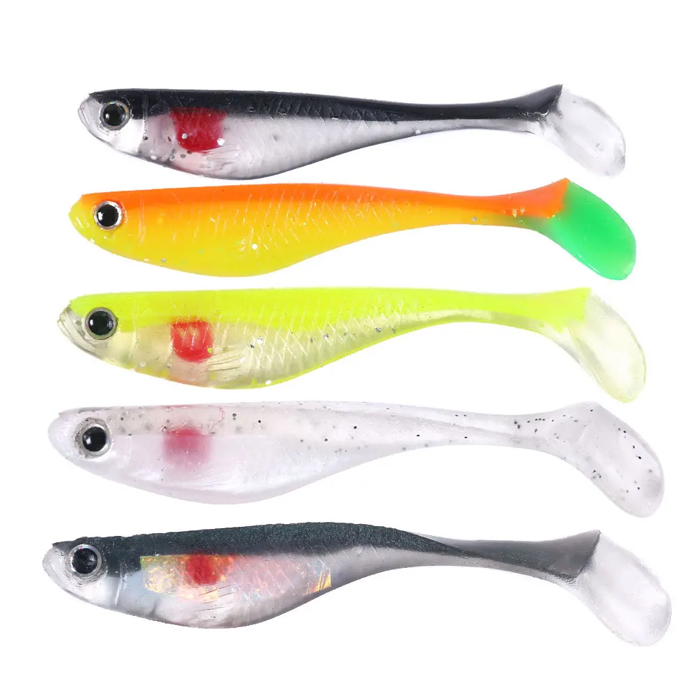5 stücke T-Schwanz Weiche Angeln Lockt Set 3D Augen FÜR Bass Hecht Zander Barsch Paddel Schwanz Swimbait künstliche Köder Tackle