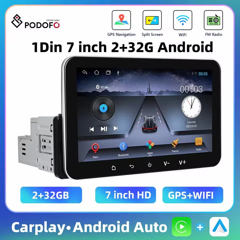 Podofo 7'' 2 + 32G Auto Radio 1Din Multimedia Player Carplay Android Auto GPS Navigation WIFI