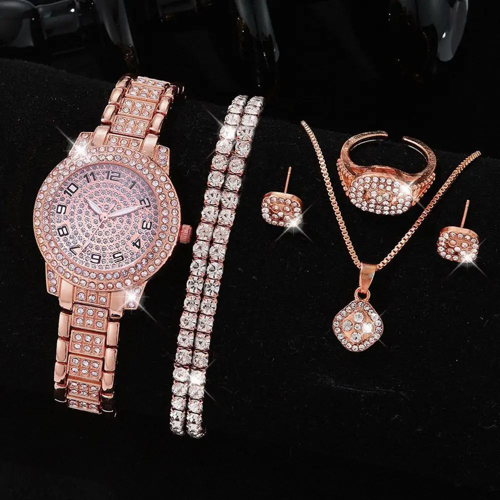 Fashion Luxury Full Crystal 5 Pcs Watch Necklace Earrings Set for Women Rhinestone Wristwatch Female Bracelet Women's Watch