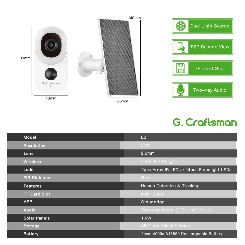 L2 G.Craftsman 3MP WIFI Solar Panel Home Security Wireless Surveillance Camera CCTV with Rechargeable battery PIR GCLink