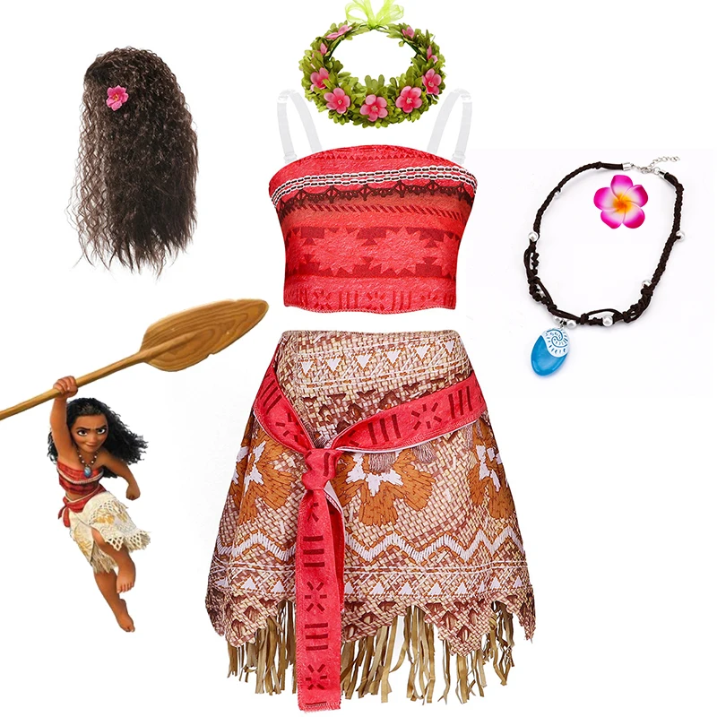 Disney Moana Dresses Girls Kids Clothes Cosplay Vaiana Princess Dress Necklace Wig Children Carnival Party Summer Costume Set