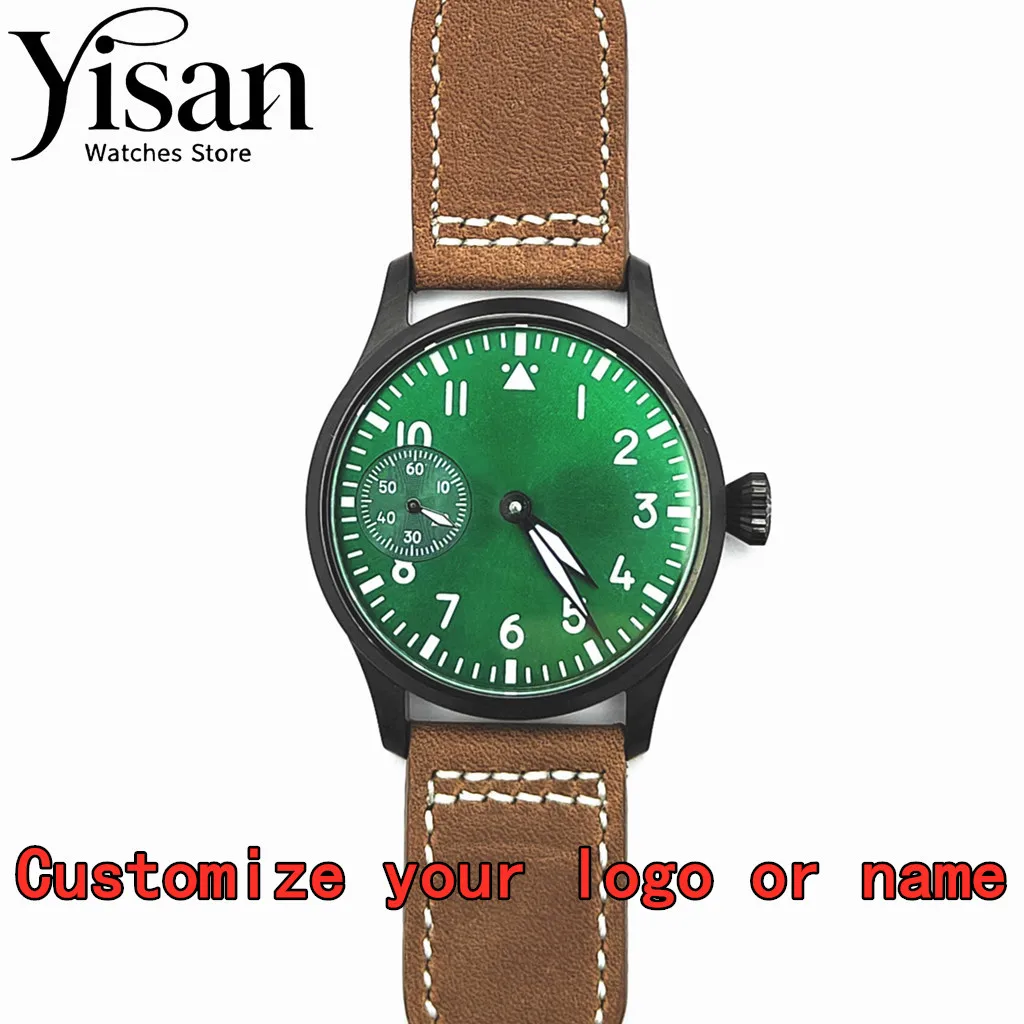 

DIY watch 42mm custom watch sapphire glass black case leather bracelet green luminous adaptation manual winding movement ST3600