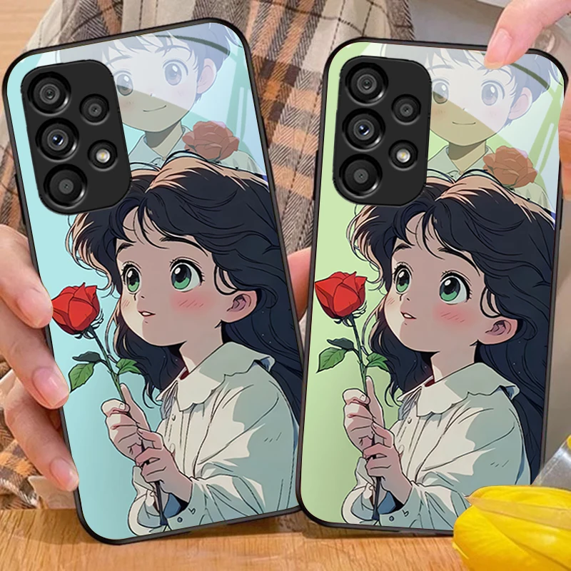 

Flower Girl Cartoon For Samsung Galaxy S 8 9 10 20 Plus 21 FE 22 23 24 Ultra S7 Edge Black Tempered Glass Phone Case Hard Shell