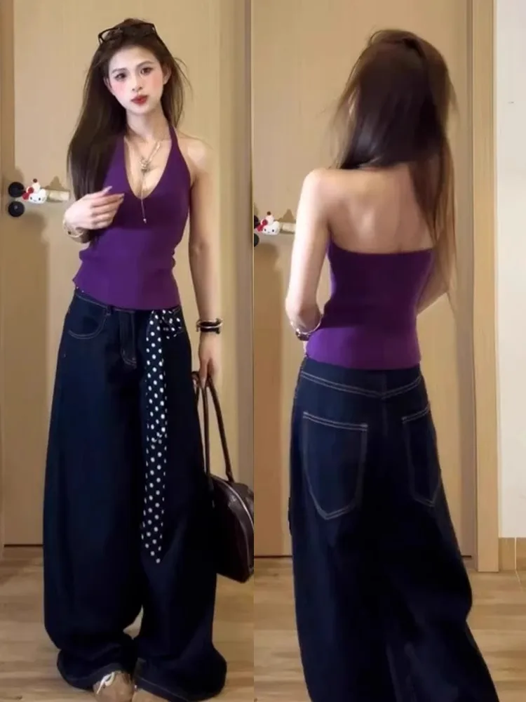 Pure Desire Sle V-Ne Knitted ort Svel Top Purple Hanging Ne Vest Women Summer Outerwear Slim Fit Commute Sle