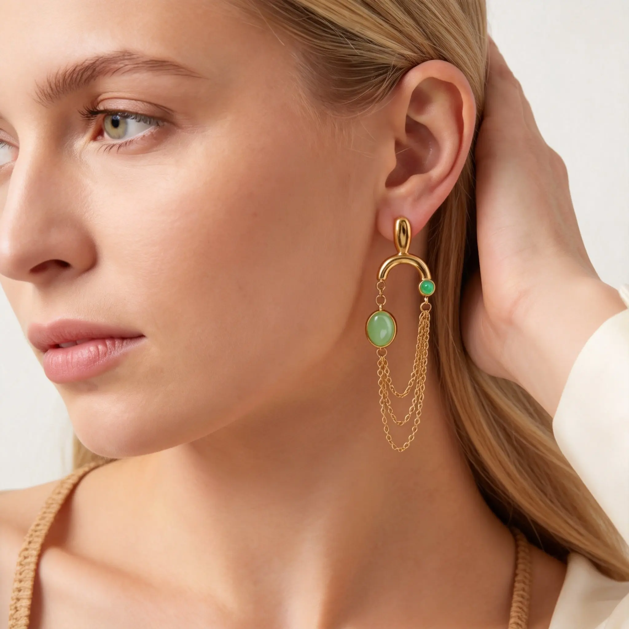Tropfenohrringe aus grünem Aventurin, Edelstahl-Quastenkettenohrringe für Frauen, böhmischer Schmuck, Geschenke