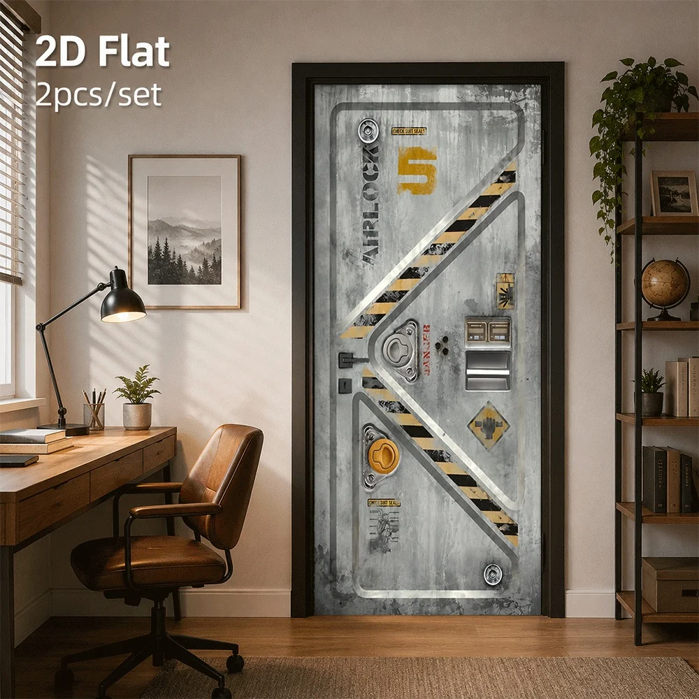 1 sci-fi space door sticker, simulated spacecraft door sticker, self-adhesive waterproof, removable 2D flat surface