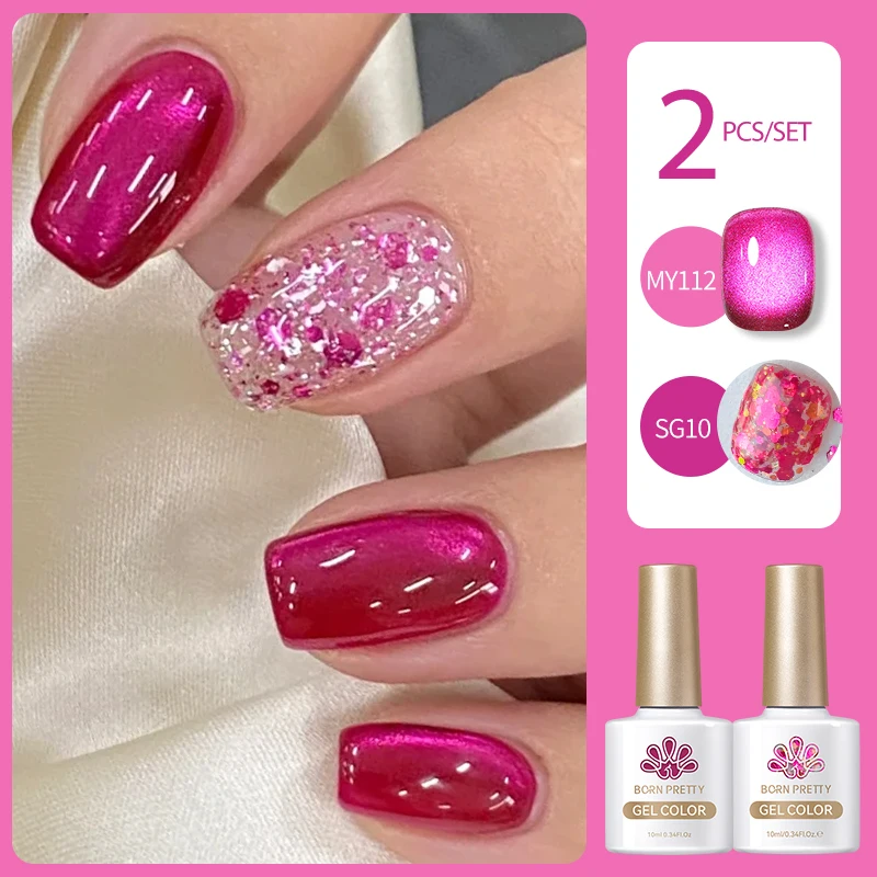 BORN PRETTY 2Pcs Gel Nail Polish Set Kits Blue Glass Moonlight Cat Magnetic Gel with Sparkling Glitter Soak Off UV LED Varnish