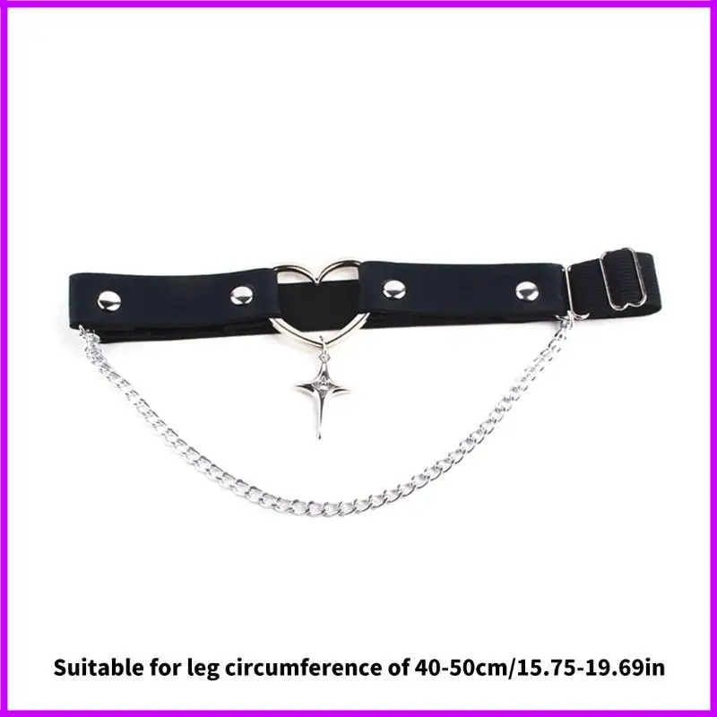 ユニークなハートバックルフェイクレザーレッグラップ、調節可能なストラップ付き、女性用パンクスターチェーンペンダント、太ももガーターベルト