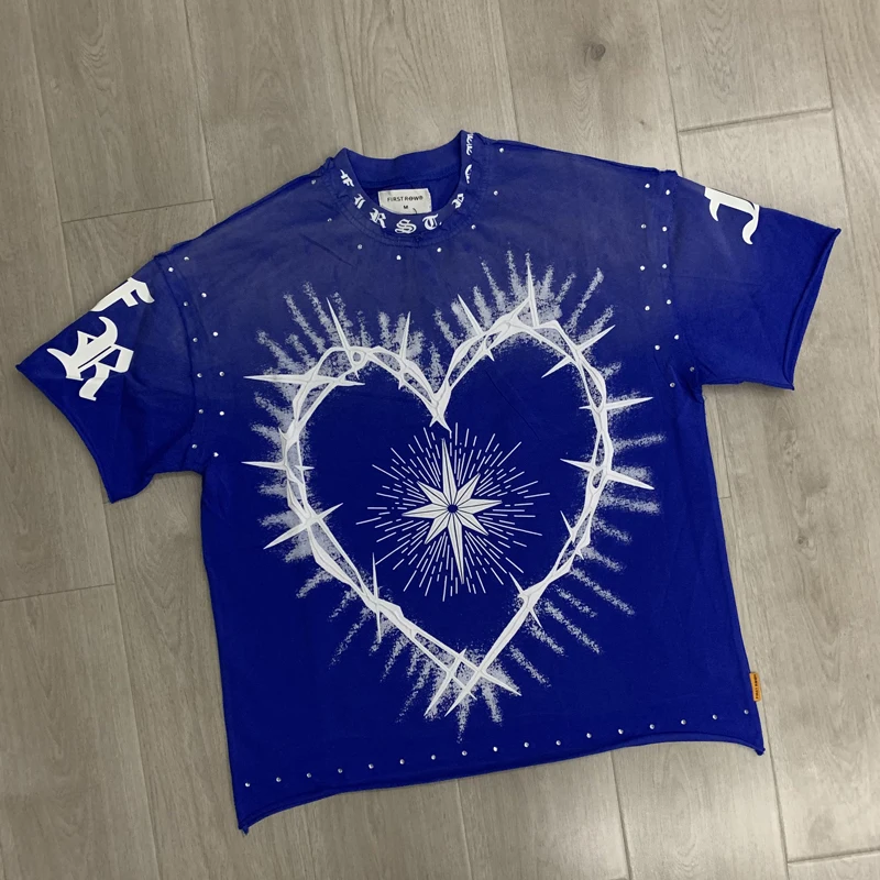 

Streetwear Brand FIRST ROW T-shirt Hot Diamond High Quality Patchwork Neckline Short-sleeve Vintage Trend First Row T-shirts