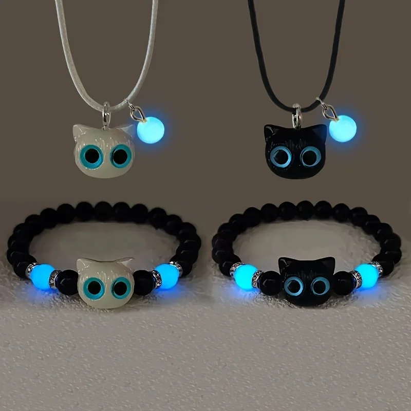 Pulseras luminosas de gato con ojo grande de dibujos animados para mujer, pulsera con colgante fluorescente que brilla en la oscuridad, joyería de amistad para pareja
