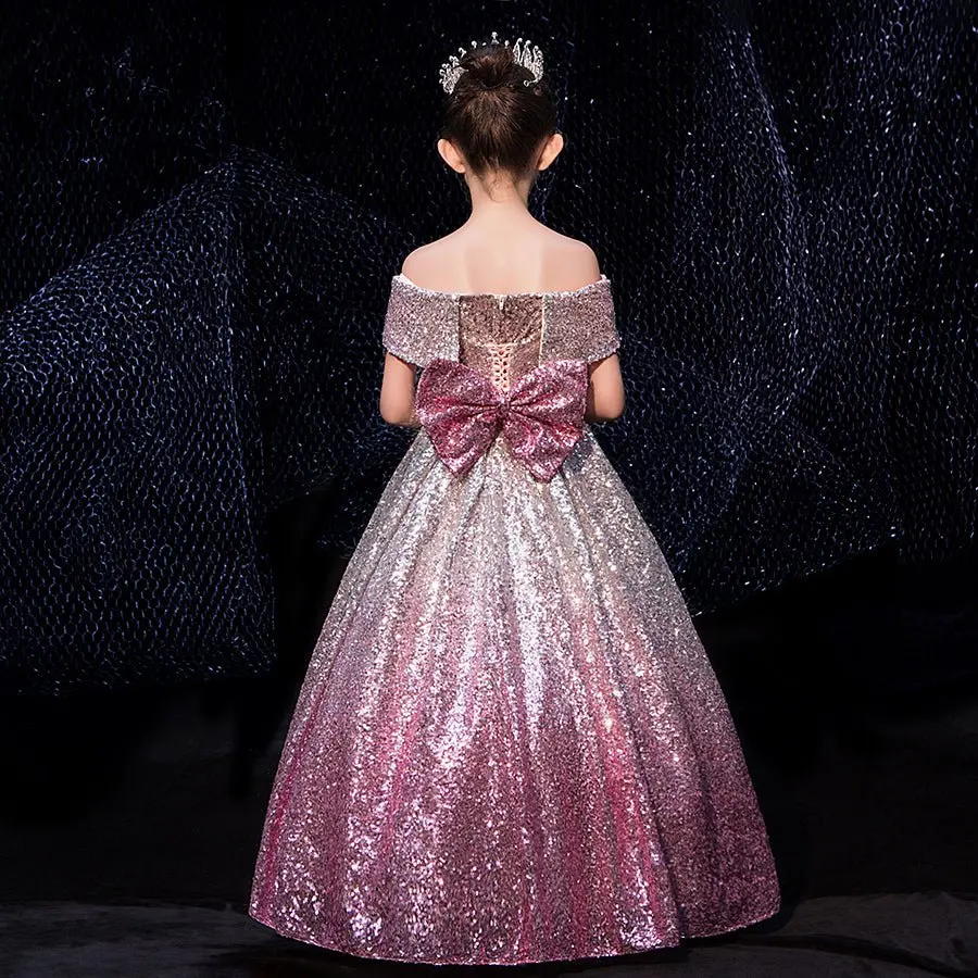 Formal Kids Evening Dresses for Girls Birthday Party Elegant Sequins Dress Up Fluffy Long Luxury 2023 Pageant Prom Ball Gown Bow