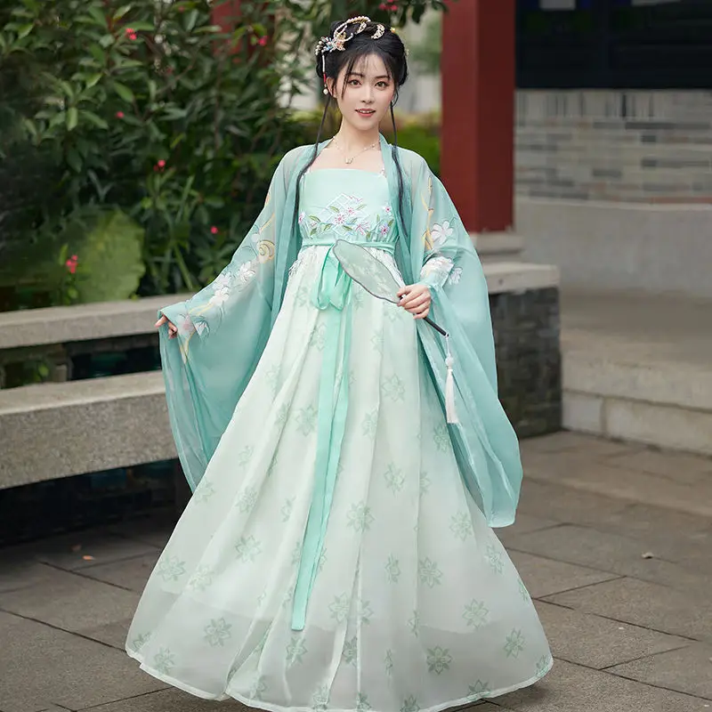 

Chinese Stylet Hanfu Dress Set Women Traditional Elegant Floral Print Princess Dresses Oriental Fairy Cosplay Stage Dance Robe