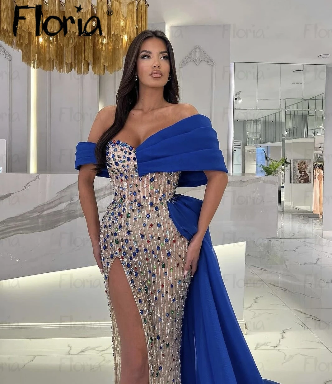 Champagne Royal Blue Evening Dress With Overskirt Off Shoulder Customized Bride Wedding Party Gown Side Split Robe Soirée Female