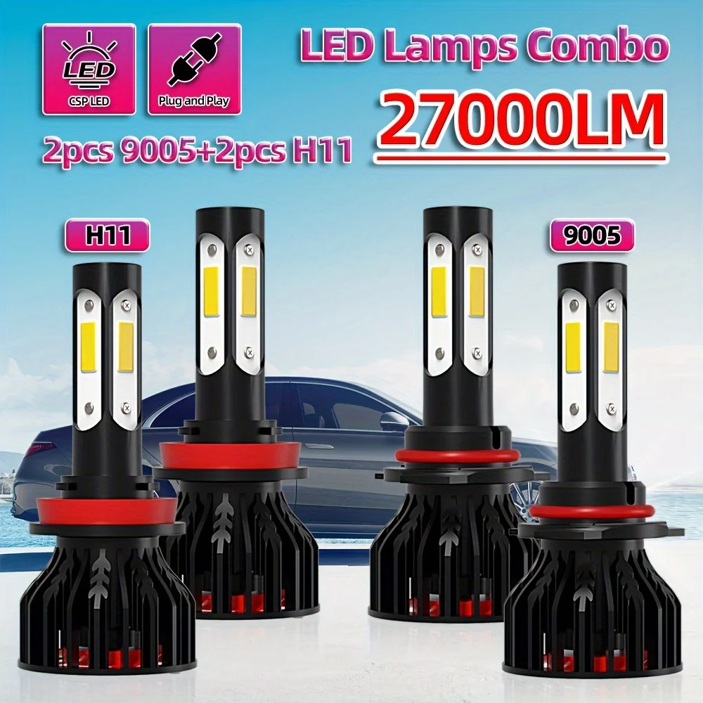 

roadsun 4pcs Car Lamps 9005/HB3 H11 Combo Headlights 27000LM 6500K White Lamps 4 Side COB Chips LED 360 Degree Angle 70000hrs