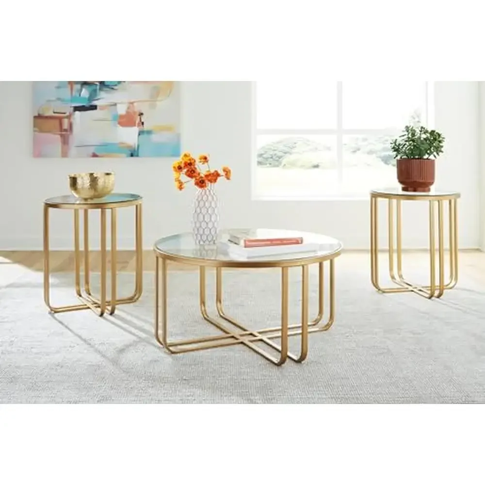 Industrial Glass-Top Table Set of 3 Metallic Finish Trendy Goldtone Frames Durable Powder Coat Tempered Glass Tops Versatile