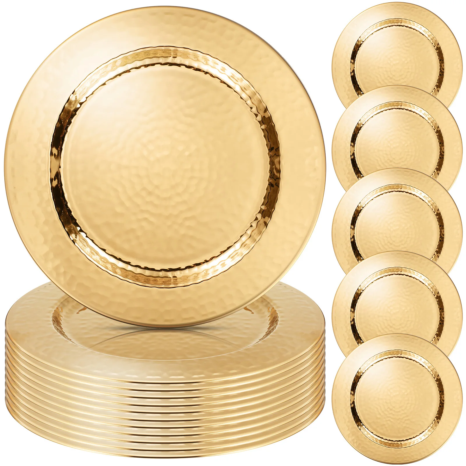 

Of 12 Charger Plates, 13 Inches in Diameter, Featuring a Hammered Rim Design. These Elegant Golden Decorative Chargers Are Perfect for Upscale Events, Weddings, And Catering