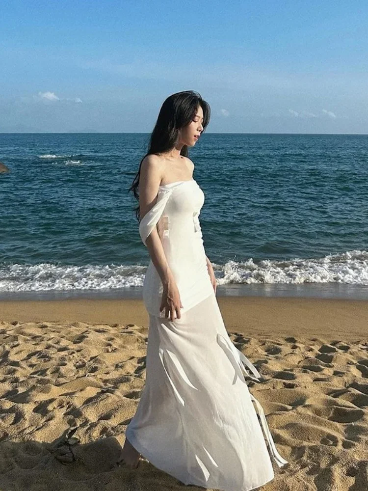 Hooded Long Dresses For Women Streetwear Mesh Y2k Clothes Strapless Vestidos De Mujer Sleeveless One Piece Robe Femme Été Fringe