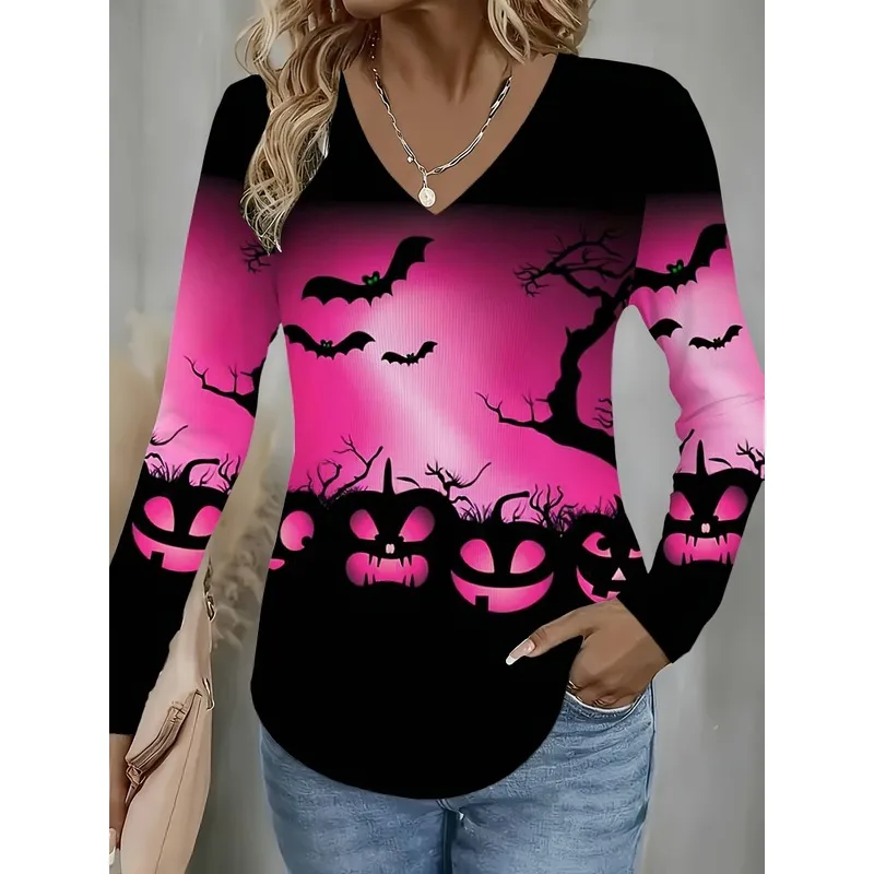 Women's V-neck Long Sleeved T-shirt with Halloween Elements Printed All Over Creating a Festive Atmosphere for Commuting