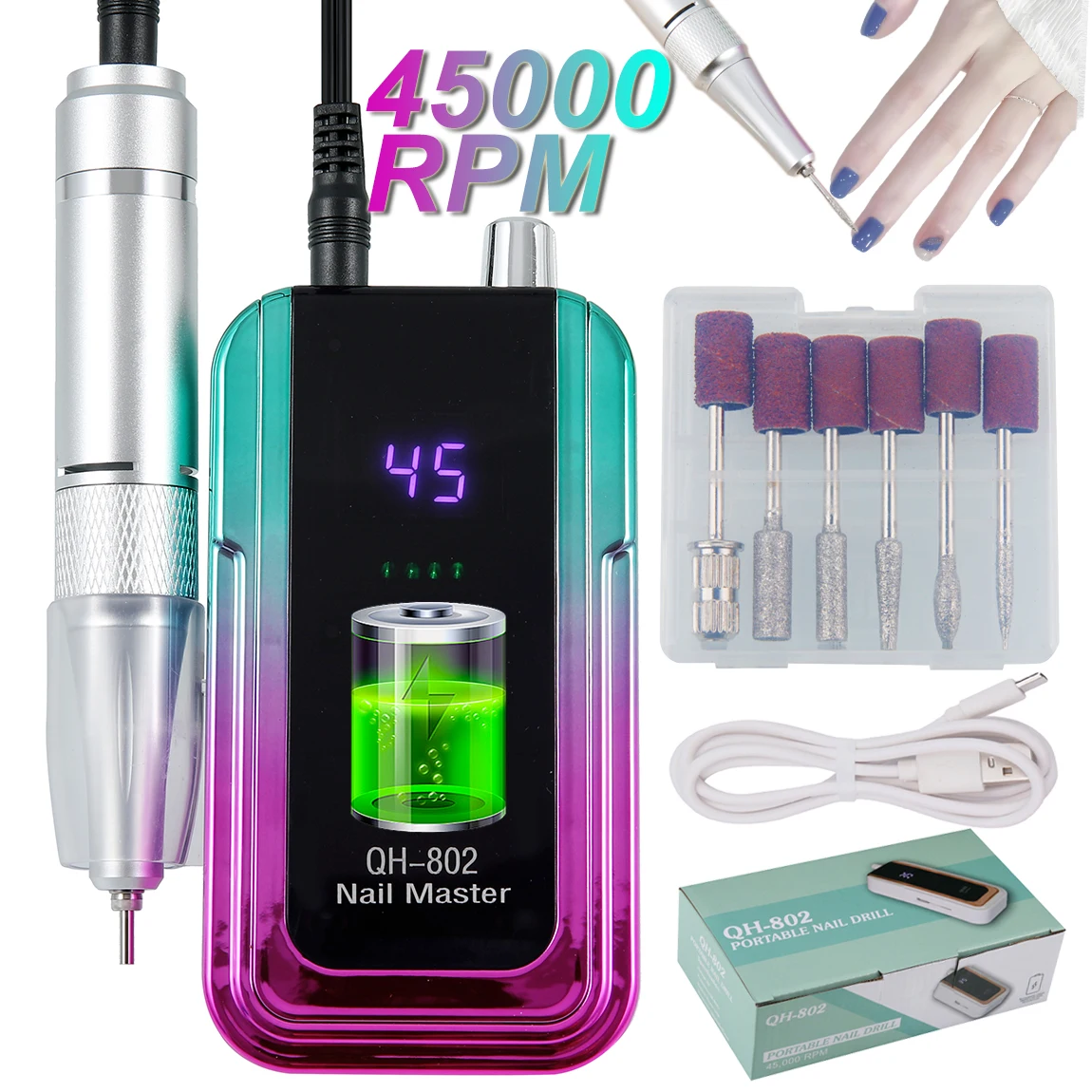 

45000RPM Portable Electric Nail Drill Machine LED Display Rechargeable Nail Sander for Gel Nails Polish For Home Manicure Salon