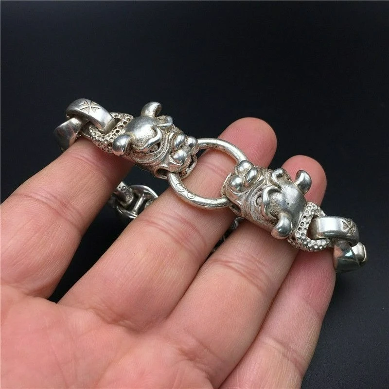Vintage Antique Silver PiXiu Bracelet, Hollow Carved Divine Beast, Tibetan Silver Collectible Jewelry