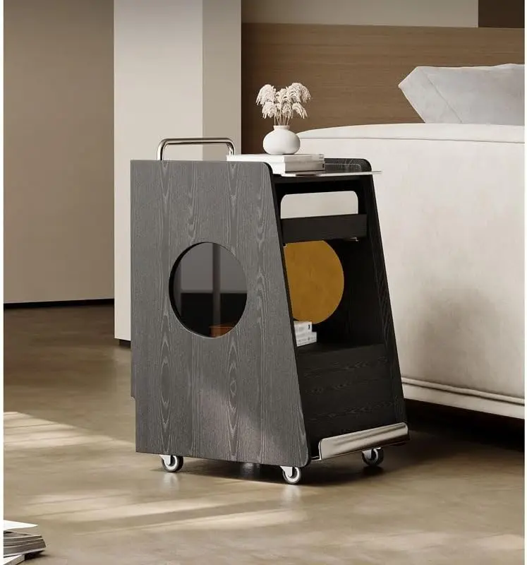Modern Bedroom Portable Rolling End Table With Wheels Movable Sofa Side Coffee Table Wood Home Furniture Mesa