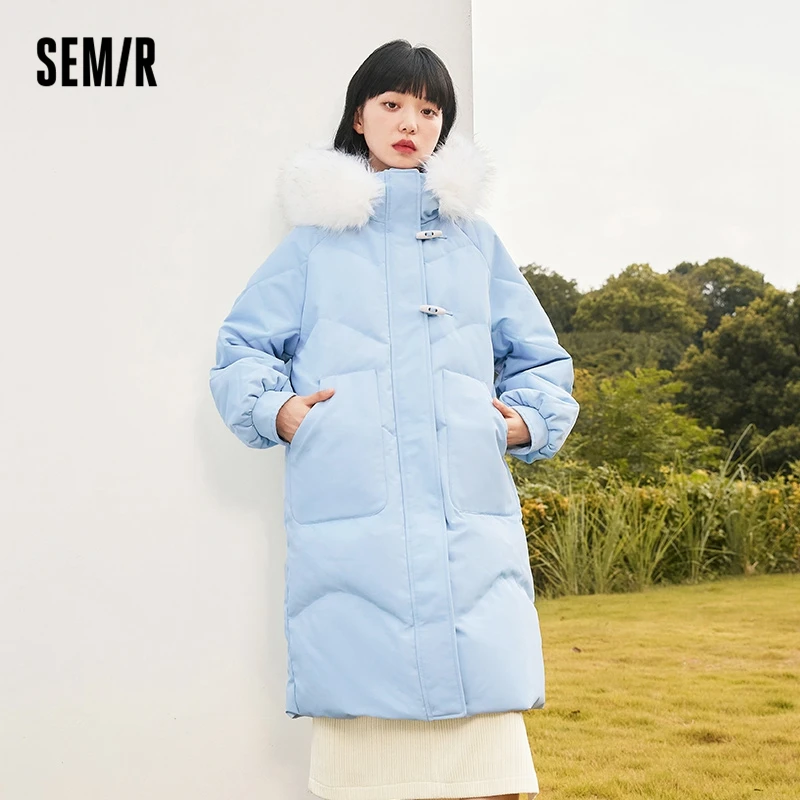 Semir Down Jacket Women Long Rainproof Loose And Gentle 2022 Winter New Fur Collar Hooded Thick Coat Sweet Wind