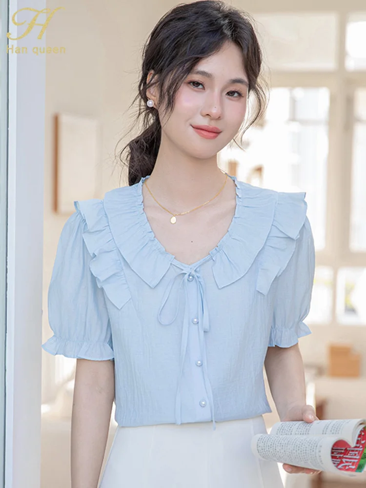 

H Han Queen 2025 Summer Clothes Top Loose Elegant Ruffles Vintage T-Shirt Casual Short Sleeve Blouses For Women Fashion Clothing