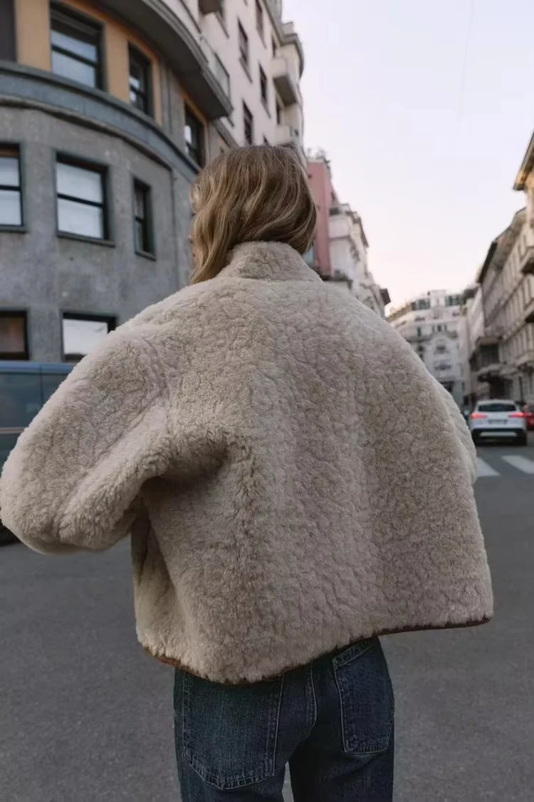 AW Casual Reversible Lamb Wool Coat Women Stand Collar Single Breasted Pocket Loose Short Warm Jacket Commute Office Jackets