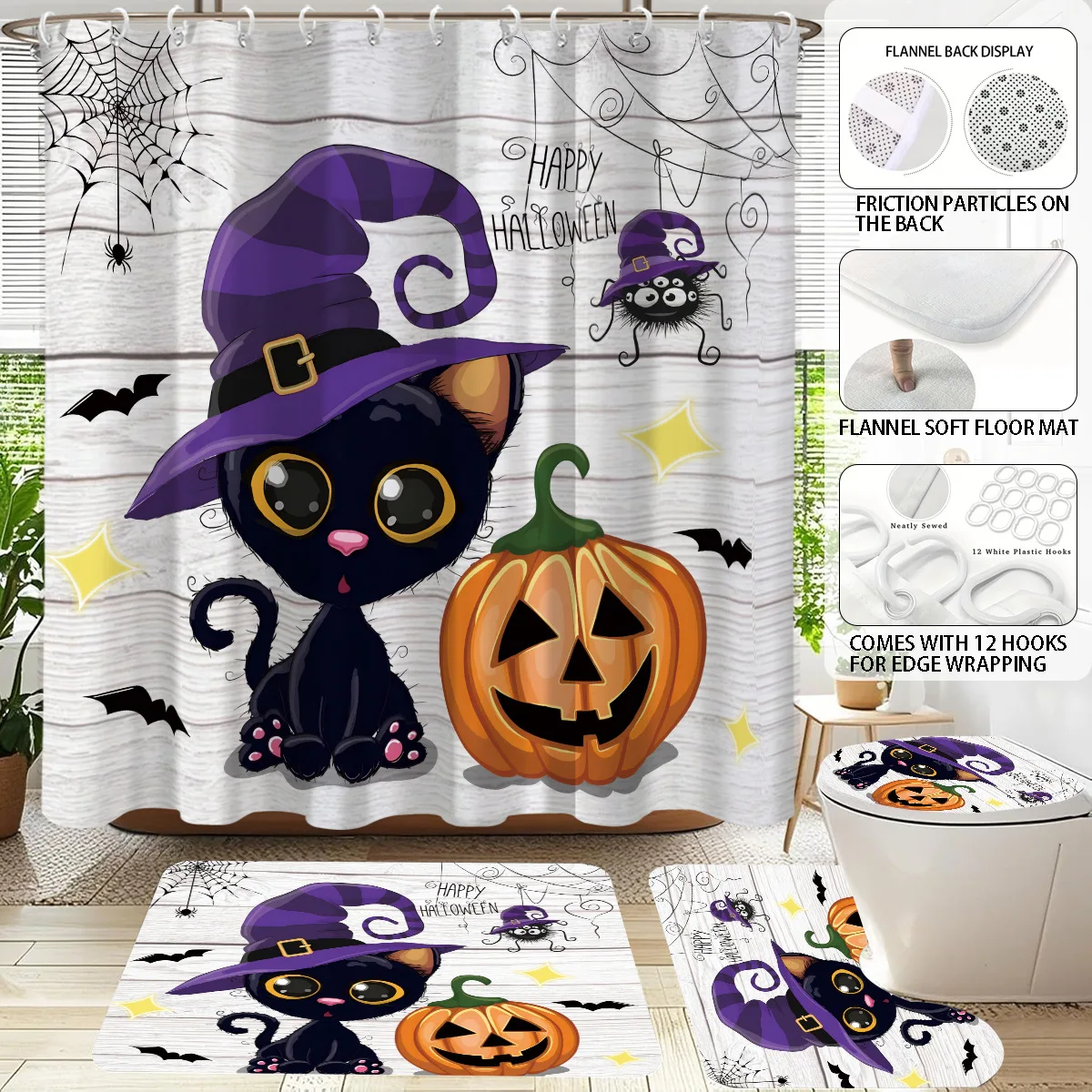 Halloween Decor Shower Curtain Set Cute Witch Black Cat Print Quick-dry Durable Waterproof Bath Curtain 12 Hooks 3pcs Floor Mat