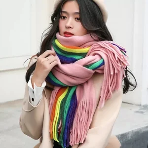 وشاح من صوف قوس قزح للرجال والنساء حجب اللون يحافظ على دفء الشتاء الطويل أفضل 8 مقابض بيمبا y لولا - رقم 6