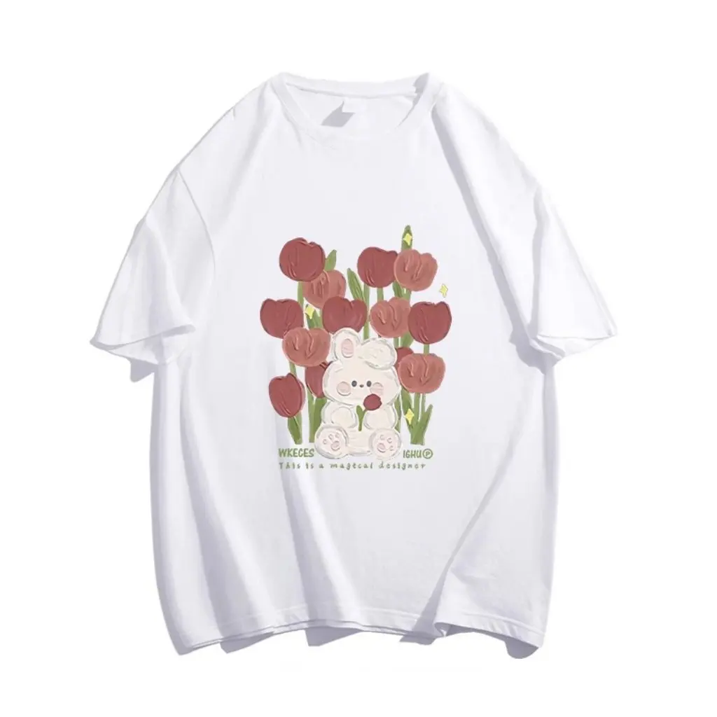 

Women's Heavy Pink Cotton Short-Sleeved T-shirt Summer Trendy Brand Loose Western Style Age-Reducing Top New Design Niche Sense
