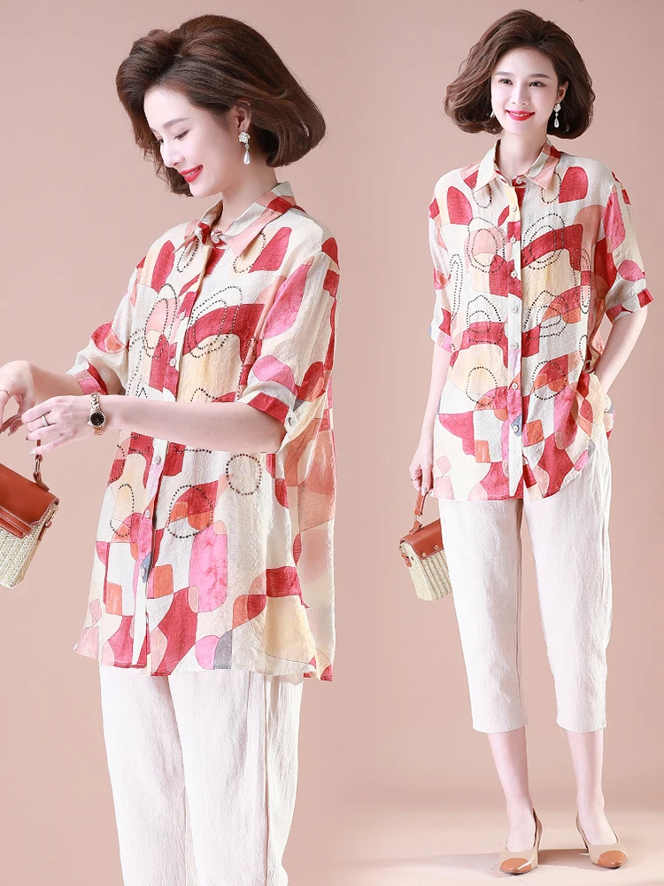 

Faionable Cotton Linen Two-Piece Set for Middle-Aged Women Spring Autumn New Sle irt with Seven Sves Comfortable Loo...